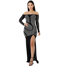 Load image into Gallery viewer, Women Sexy Rhinestone Off The Shoulder Maxi Dress with Sleeves Side Split Mesh Long Black Dress Elegant Evening Party Dresses