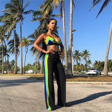 Load image into Gallery viewer, Women Beach Summer Two Piece Set Sexy V- Neck Spaghetti Strap Striped Crop Top and Wide Leg Pants Suit Club Wear 2 Piece Outfits