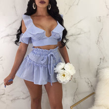 Load image into Gallery viewer, Sexy Cold Shoulder Ruffle Crop Top and Shorts Set Elegant Beach Party Two Piece Sets Striped Short Suit