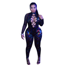 Load image into Gallery viewer, Sexy Hollow Out Lace Up Bodycon Jumpsuit Rompers Women Overalls Party Clubwear Sheer Mesh Patchwork Long Sleeve Printed Jumpsuit