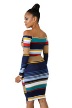 Load image into Gallery viewer, Knot Striped Ribbed Off The Shoulder Dress Women Long Sleeve High Waist Hollow Out Front Party Club Wear Sexy Bodycon Dress