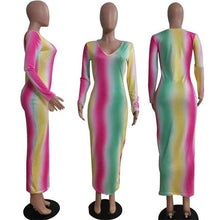 Load image into Gallery viewer, Elegant Sexy Night Club Bandage Striped Dress Spring V Neck Rainbow Print Long Sleeve Bodycon Party Dresses