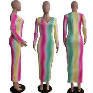 Elegant Sexy Night Club Bandage Striped Dress Spring V Neck Rainbow Print Long Sleeve Bodycon Party Dresses