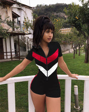 Load image into Gallery viewer, Summer Playsuits Bodycon Jumpsuit Shorts for Women Short Sleeve Turtleneck Zipper Fly Fitness Romper Striped Casual Bodysuits