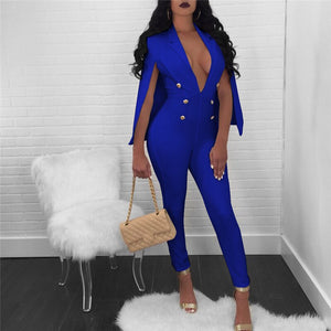 Women Sexy Elegant Formal Jumpsuit Autumn Winter Deep V Neck Cloak Cape Bodysuit Romper Button Long Pants One Piece Overalls XXL