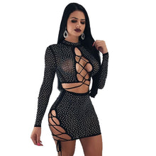 Load image into Gallery viewer, Autumn Sexy 2 Piece Dress Set Women Long Sleeve Hollow Out Lace Up Front Rhinestone Sheer Mesh Bodycon Club Dresses for Women