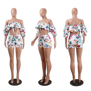 Two Piece Set New Summer Sexy Off the Shoulder Floral Print Crop Top and Shorts Set Party Club Women 2 Piece Outfits