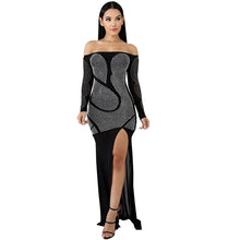 Load image into Gallery viewer, Women Sexy Rhinestone Off The Shoulder Maxi Dress with Sleeves Side Split Mesh Long Black Dress Elegant Evening Party Dresses