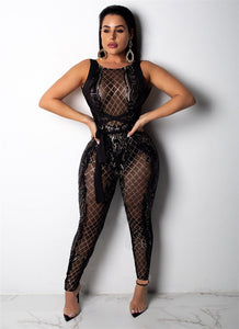 Backless Criss Cross Bandage Jumpsuit Women Mesh Sheer Sleeveless Geometric Sequin Romper Christmas Nightclub Sparkly Overalls