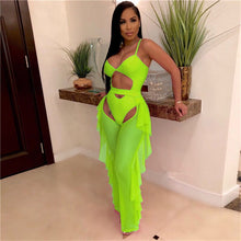 Load image into Gallery viewer, Sexy Two Piece Set Women Summer Beach Club Outfits Sheer Mesh Bodysuit Top Ruffle Pants Set Swimwear Party Matching 2 Piece Set