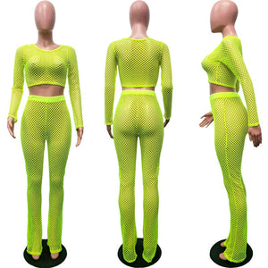 Sexy Club Two Piece Set Women Clothes Mesh Fishnet Hollow Out Crop Top and Pants See Through Summer Beach Matching Set Outfits