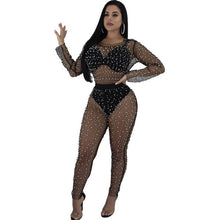 Load image into Gallery viewer, Sexy Black Sheer Jumpsuit Mesh Romper Women Long Sleeve See Through Pearl Beading Nightclub Party Bodycon Jumpsuits Overalls XL