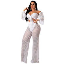 Load image into Gallery viewer, Sexy Fishnet Beach Two Piece Sets Women Mesh Hollow Out Strapless Bow Tie Crop Top and Wide Leg Pant Suits Matching Sets Outfits