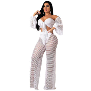 Sexy Fishnet Beach Two Piece Sets Women Mesh Hollow Out Strapless Bow Tie Crop Top and Wide Leg Pant Suits Matching Sets Outfits