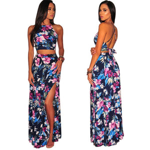 Floral Print 2 Piece Dress Women Summer Sexy Maxi Dresses Criss Cross Back Backless Long Sundress High Split Boho Beach Dress