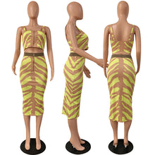 Load image into Gallery viewer, Sexy Two Piece Set Club Outfits Zebra Print Zipper Crop Top and High Waisted Midi Skirt Set Bodycon 2 Piece Dress Matching Sets