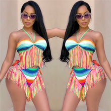 Load image into Gallery viewer, Sexy 2 Piece Set Women Halter Tassel Hem Crop Tops Bikini and Shorts Set Boho Beachwear Two Piece Set