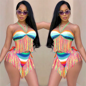 Sexy 2 Piece Set Women Halter Tassel Hem Crop Tops Bikini and Shorts Set Boho Beachwear Two Piece Set