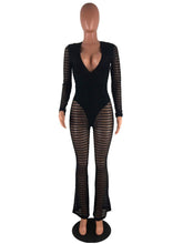 Load image into Gallery viewer, New Sexy Striped Sheer Mesh Jumpsuit with Lining Women Long Sleeves Deep V- Neck Wide Leg Romper Clubwear Party Overalls Leotard