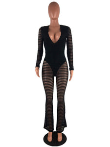 New Sexy Striped Sheer Mesh Jumpsuit with Lining Women Long Sleeves Deep V- Neck Wide Leg Romper Clubwear Party Overalls Leotard