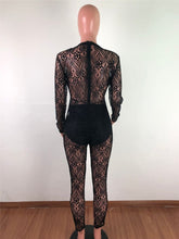 Load image into Gallery viewer, Women Sexy Club Bodycon Romper Jumpsuit Long Sleeve Party Jumpsuits One Piece Hollow Out Sheer Mesh Elegant Black Lace Jumpsuit