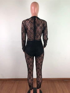 Women Sexy Club Bodycon Romper Jumpsuit Long Sleeve Party Jumpsuits One Piece Hollow Out Sheer Mesh Elegant Black Lace Jumpsuit