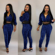 Load image into Gallery viewer, Plus Size Glitter 2 Piece Outfits for Women&#39;s Suit Sequined Streetwear Bomber Jacket Tops and Pants Set Sparkly Casual Tracksuit