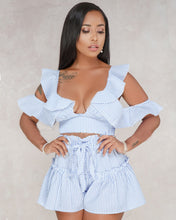 Load image into Gallery viewer, Sexy Cold Shoulder Ruffle Crop Top and Shorts Set Elegant Beach Party Two Piece Sets Striped Short Suit