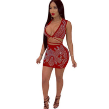 Load image into Gallery viewer, Sparkly Rhinestone Two Piece Skirt Set Women Mesh Sheer Criss Cross Crop Top and Mini Skirt Sexy Party Nightclub 2 Piece Outfits