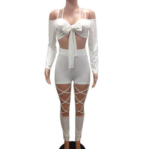 Nightclub Party 2 Piece Sets Women Summer Outfits Bow Tie Crop Top and Hollow Out Pant Set Sexy Two Piece Set Top and Pants