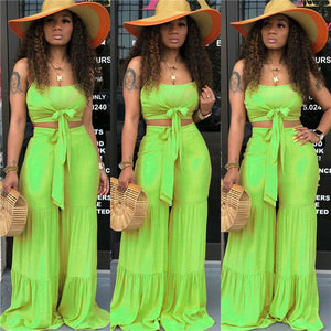 New Women Summer Two Piece Sets Sexy Bow Tie Crop Top and Loose Wide Leg Pants Suit Solid Casual Beach 2 Piece Outfits Clubwear