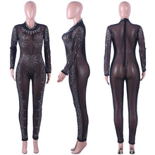 Load image into Gallery viewer, Sexy Bodycon Long Sleeve Party Jumpsuits Women Mesh Sheer Floral Rhinestone See-Through Romper Sparkly Christmas Club Overalls