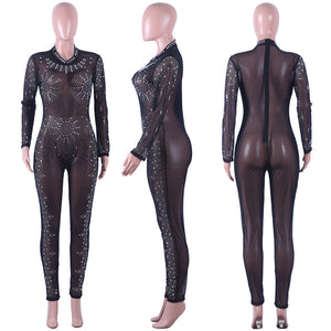 Sexy Bodycon Long Sleeve Party Jumpsuits Women Mesh Sheer Floral Rhinestone See-Through Romper Sparkly Christmas Club Overalls