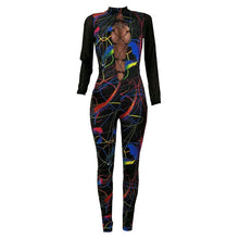 Load image into Gallery viewer, Sexy Hollow Out Lace Up Bodycon Jumpsuit Rompers Women Overalls Party Clubwear Sheer Mesh Patchwork Long Sleeve Printed Jumpsuit