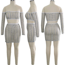 Load image into Gallery viewer, Women&#39;s Suit Striped Glitter Two Piece Skirt Set Autumn Sexy Strapless Long Sleeve Mesh Sheer Crop Top and Mini Skirt Celebrity