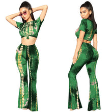 Load image into Gallery viewer, Women Tracksuit Fashion Tie Dye Two Piece Set Sexy O-Neck Short Sleeve Crop Top and Flare Pants Casual Track Suit Sportwear