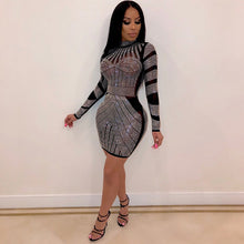 Load image into Gallery viewer, Rhinestones Sexy Bodycon Dresses for Women Sparkly Elegant Black Sheer Mesh Party Dress Summer Long Sleeve Club Mini Dress