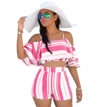 Load image into Gallery viewer, Sexy Summer Two Piece Set Women Striped Print Off Shoulder Crop Top and Shorts Suits Ruffles Bohemian Beachwear Casual Outfits