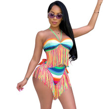 Load image into Gallery viewer, Sexy 2 Piece Set Women Halter Tassel Hem Crop Tops Bikini and Shorts Set Boho Beachwear Two Piece Set