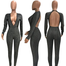 Load image into Gallery viewer, Deep V Neck Glitter Jumpsuit for Women Autumn Winter Mesh Patchwork Long Sleeve Open Back Bodycon Sparkly Romper Party Jumpsuits