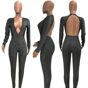 Deep V Neck Glitter Jumpsuit for Women Autumn Winter Mesh Patchwork Long Sleeve Open Back Bodycon Sparkly Romper Party Jumpsuits