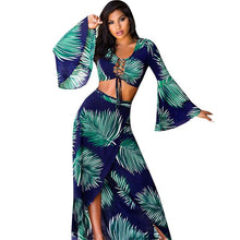 Load image into Gallery viewer, Summer 2 Piece Dress Set Women Leaf Print Two Piece Crop Top and Long Skirt Set Boho Style Chic Beach Set Holiday Outfits