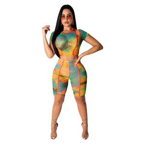 Tie Dye Print 2 Piece Outfits for Women Two Piece Set Crop Top and Shorts Set Sheer Mesh Sexy Club 2 Piece Summer Set Tracksuit