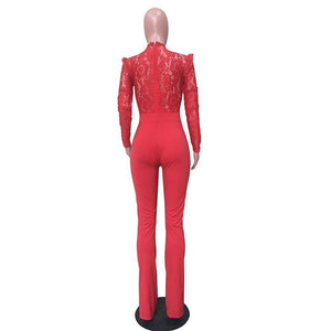 Sexy Red Lace Jumpsuit Women Long Sleeve High Waist See Through Full Bodysuit Long Romper Pants Skinny Elegant Evening Jumpsuits