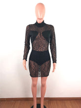 Load image into Gallery viewer, Sexy Leopard Printed Sheer Lace Dress Women See Through Long Sleeve Bodycon Mini Dress Night Club Party Dresses with Underwear