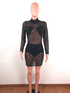 Sexy Leopard Printed Sheer Lace Dress Women See Through Long Sleeve Bodycon Mini Dress Night Club Party Dresses with Underwear