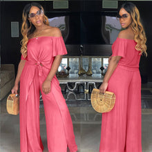 Load image into Gallery viewer, Women Loose 2 Piece Set Off Shoulder Pleat Crop Top and Split Long Pants Wide Leg Jumpsuit Casual Matching 2 Piece Outfits