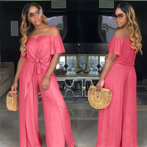 Women Loose 2 Piece Set Off Shoulder Pleat Crop Top and Split Long Pants Wide Leg Jumpsuit Casual Matching 2 Piece Outfits