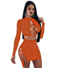 Load image into Gallery viewer, Autumn Sexy 2 Piece Dress Set Women Long Sleeve Hollow Out Lace Up Front Rhinestone Sheer Mesh Bodycon Club Dresses for Women