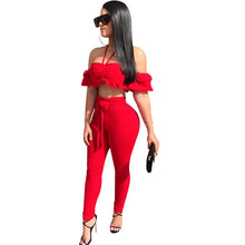 Load image into Gallery viewer, Red Sexy 2 Piece Set Women Ruffle Off The Shoulder Crop Top and Pants Set Summer Women Sets Clothes Club Party Two Piece Outfits